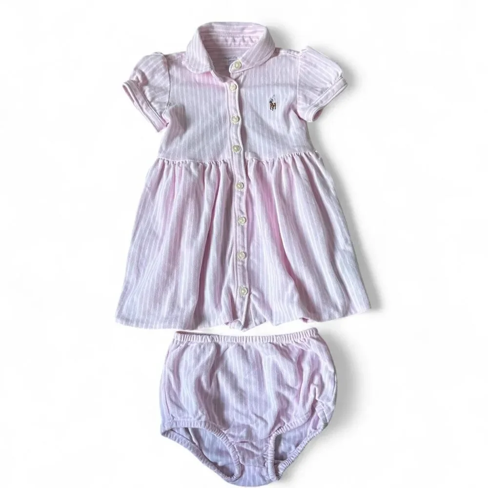 Ralph Lauren Baby Girl Pink Striped Polo Dress with Bloomers | 6 Months